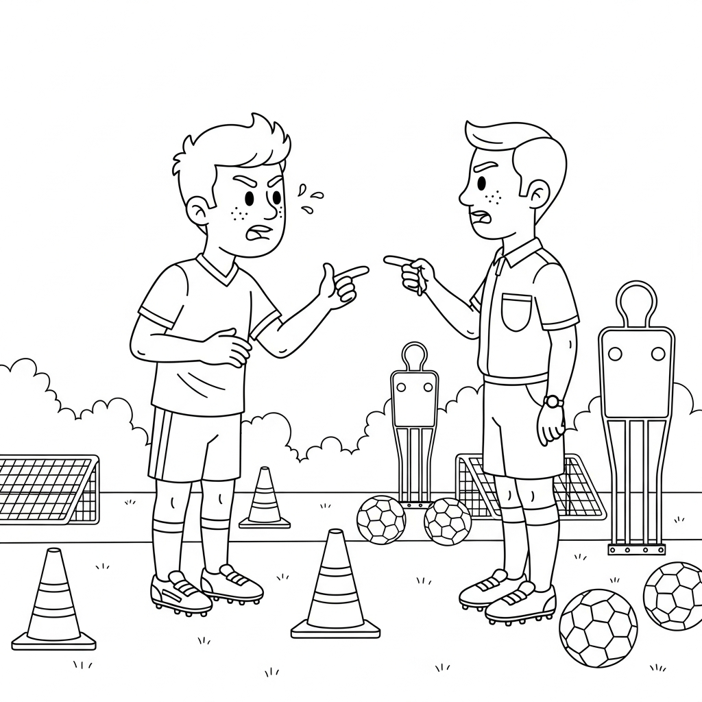 Desenho de jogador de futebol para colorir discutindo com árbitro em treino no campo gramado vazio