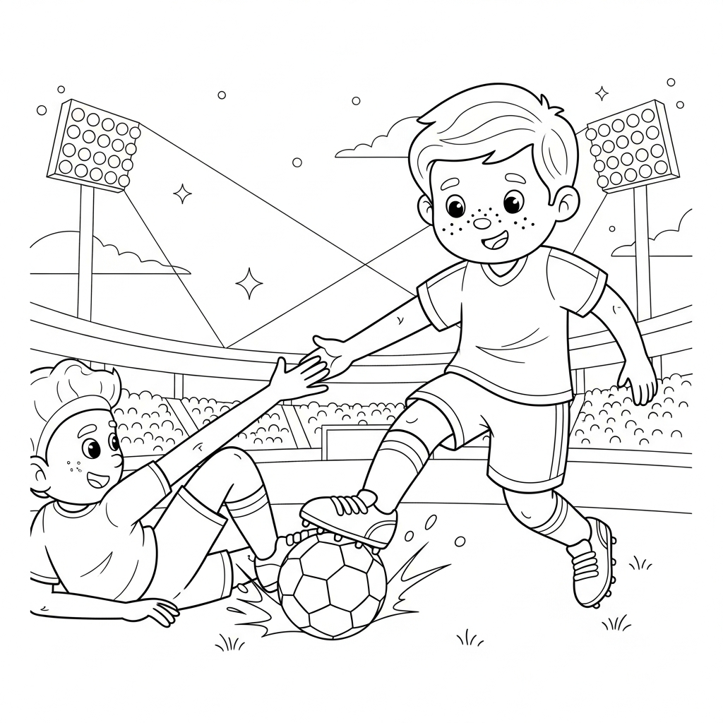 Desenho de jogador de futebol para colorir ajudando adversário a levantar no estádio iluminado à noite.