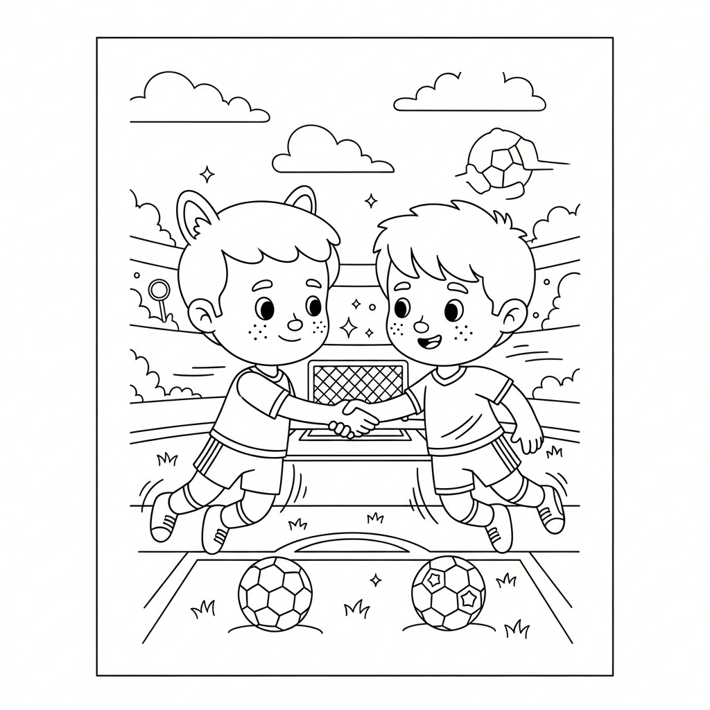 Desenho de jogador de futebol para colorir cumprimentando antes do jogo no campo com gols.