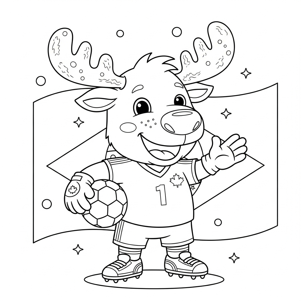 Desenho de maple mascote copa 2026 para colorir rindo com mãos na barriga, bolas e estrelas.