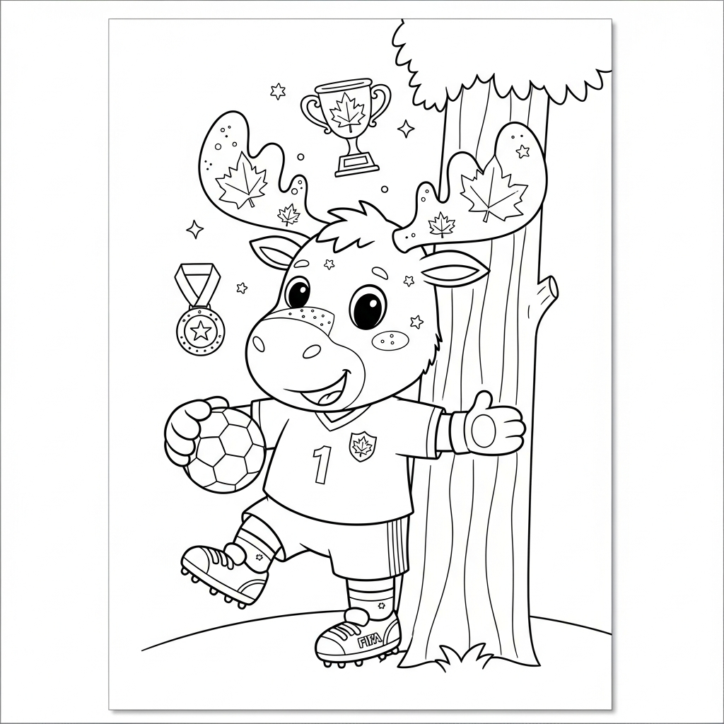 Desenho de maple mascote copa 2026 para colorir subindo em árvore alta com troféu e medalha