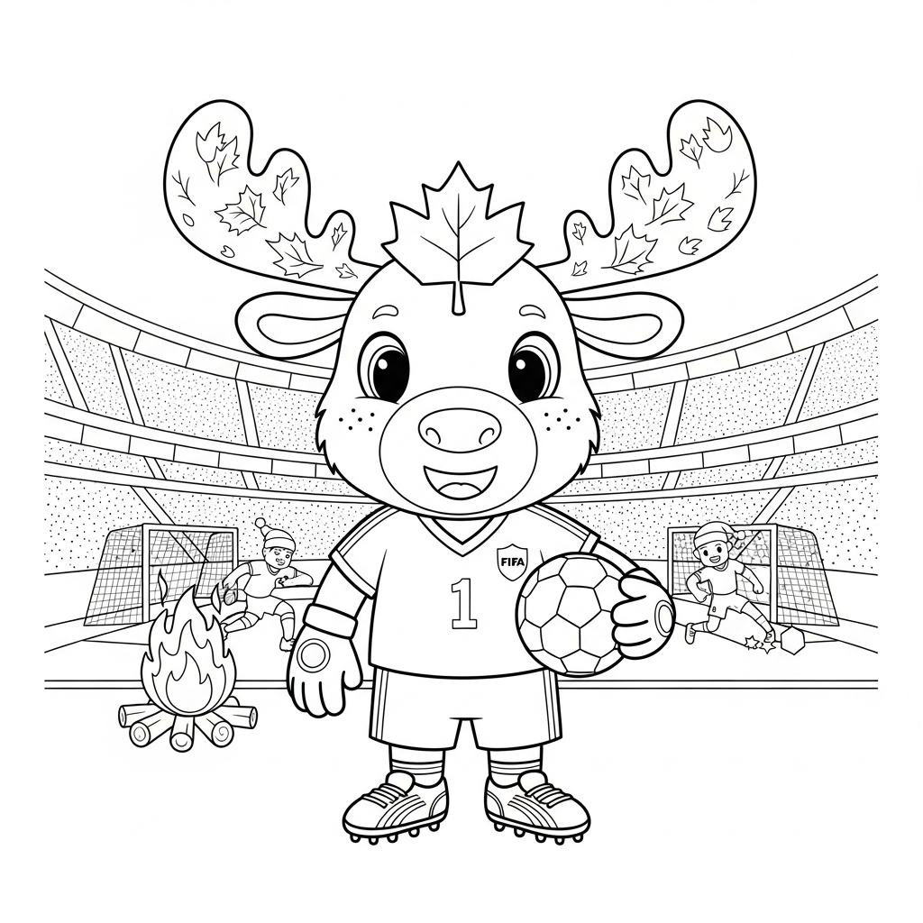 Desenho de Maple mascote Copa 2026 para colorir cantando junto à fogueira natalina.