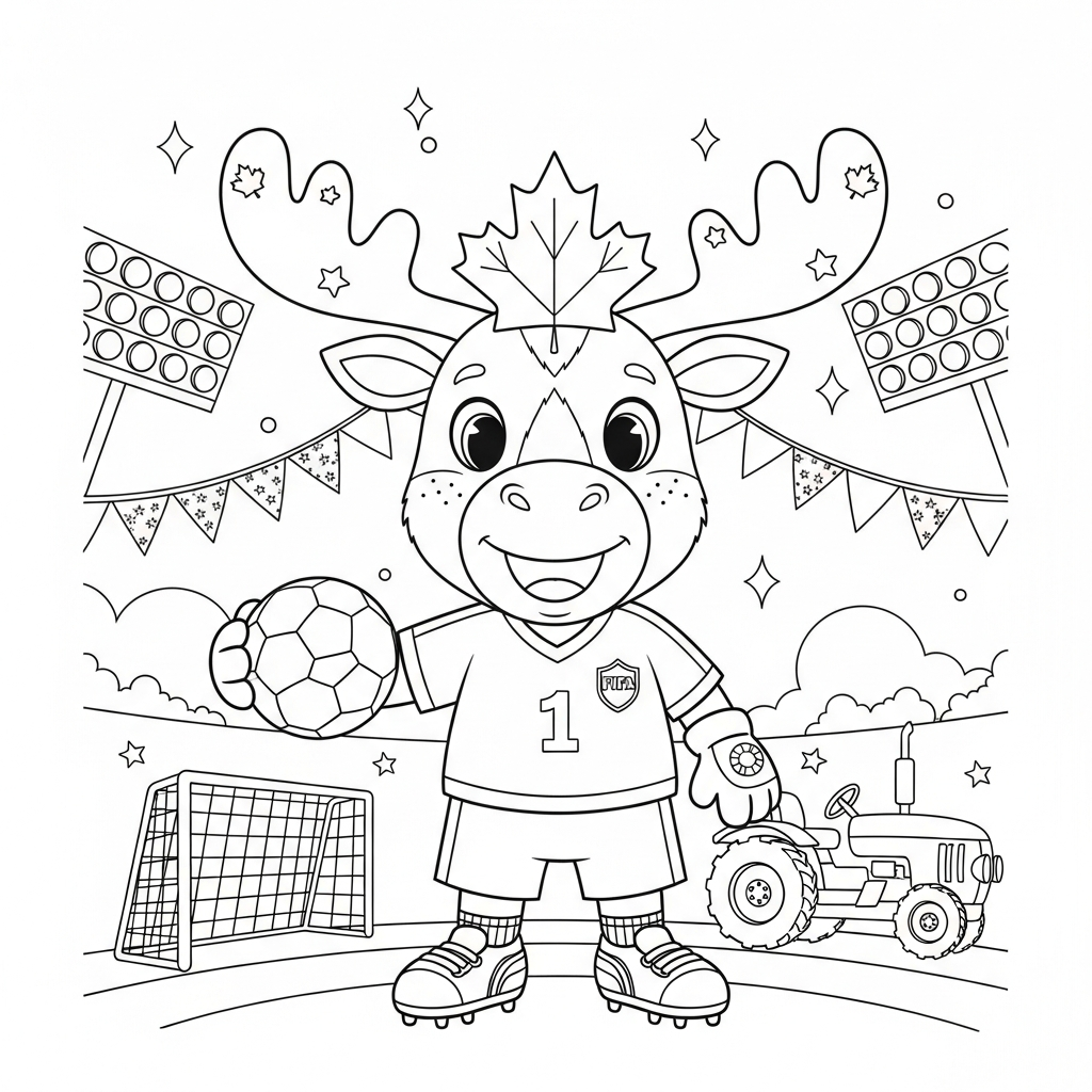 Desenho de maple mascote copa 2026 para colorir dirigindo trator no campo com bandeirinhas
