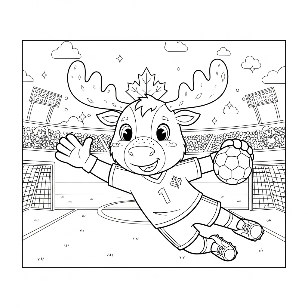 Desenho de maple mascote copa 2026 para colorir defendendo à esquerda com bolas e estrelas