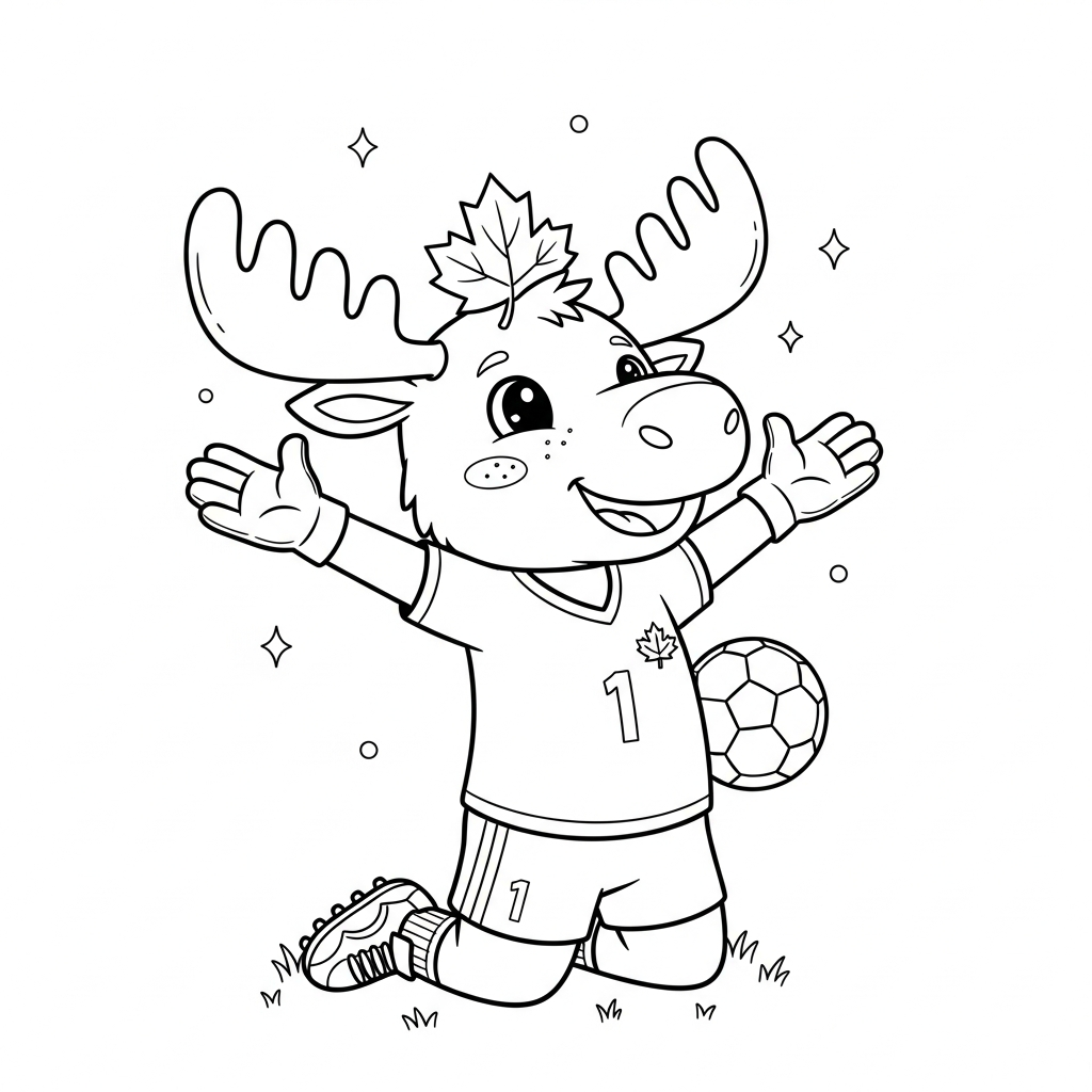Desenho de Maple mascote Copa 2026 para colorir ajoelhado de braços abertos