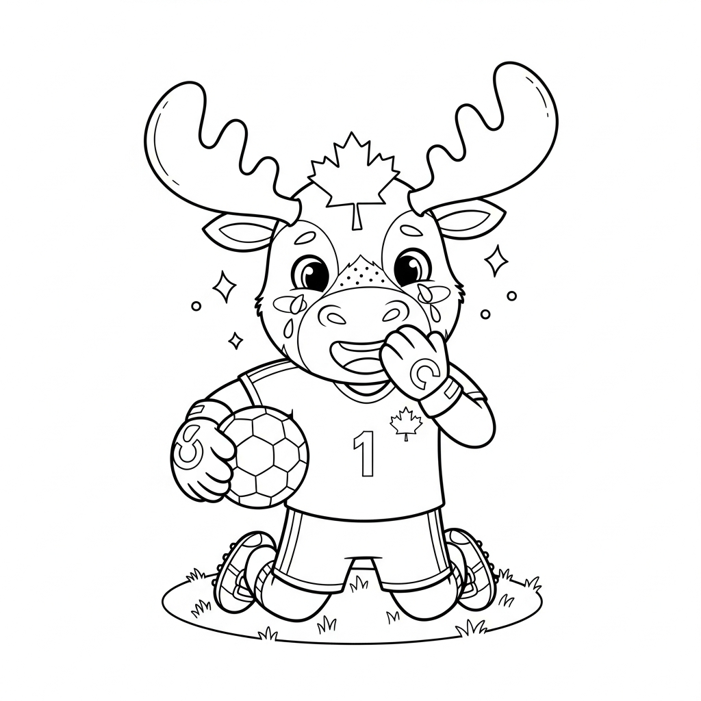 Desenho de maple mascote copa 2026 para colorir chorando de joelhos no gramado com apito