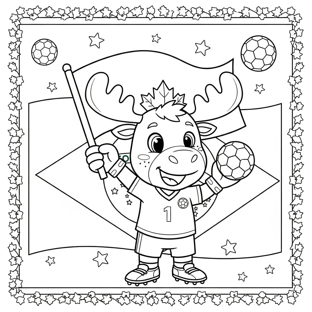 Desenho de maple mascote copa 2026 para colorir torcendo com bandeira, bolas e estrelas.