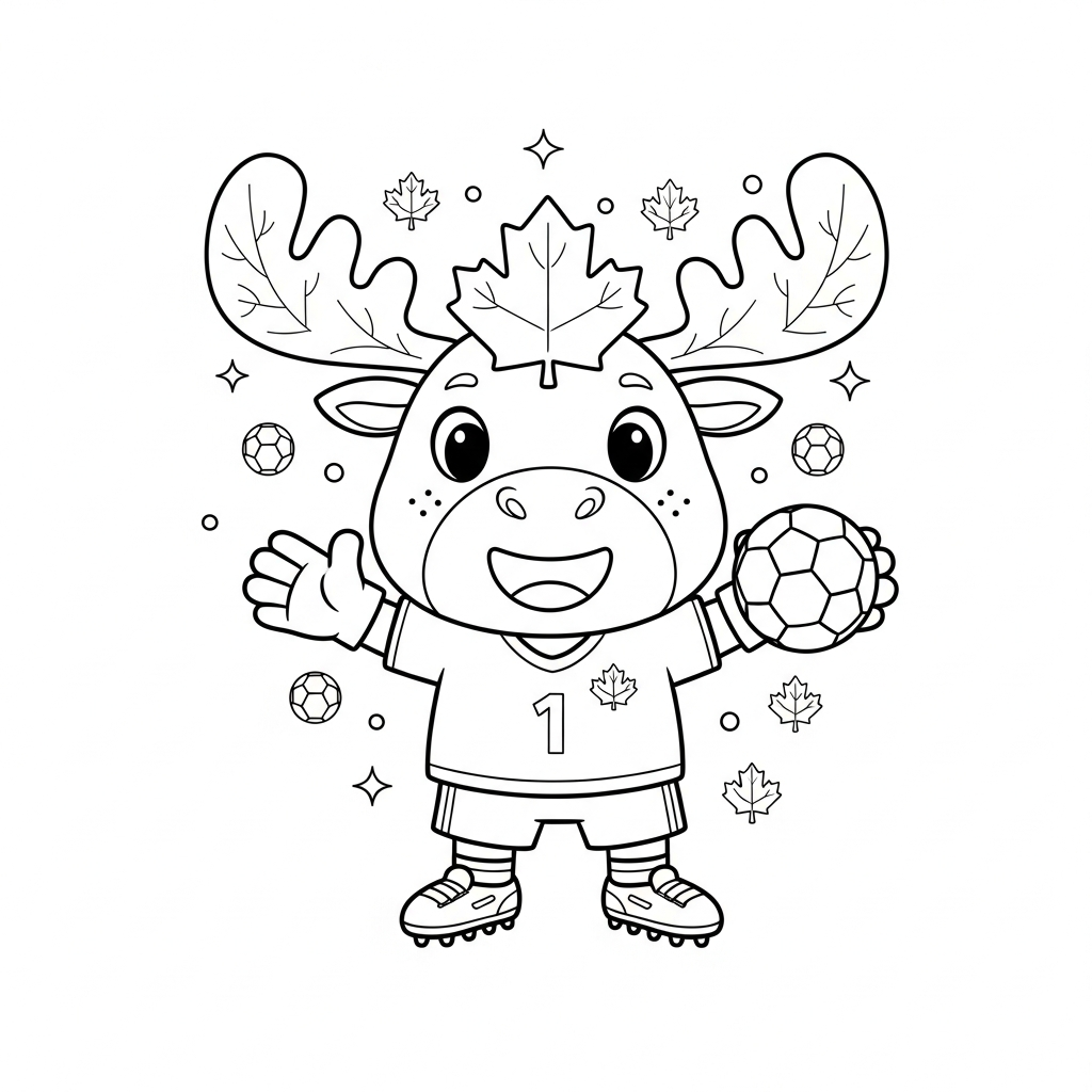 Desenho de maple mascote copa 2026 para colorir gritando feliz no pódio com banner da Copa.