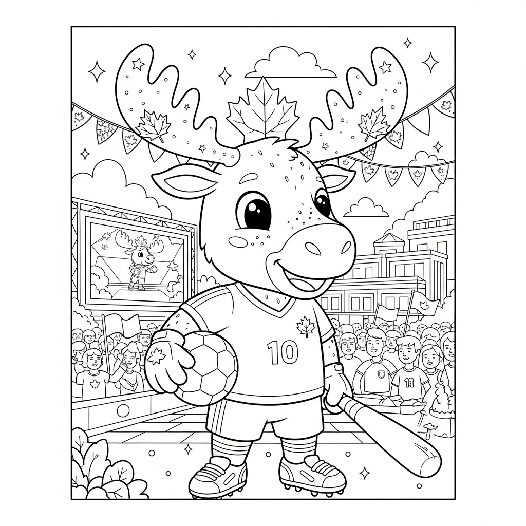 Desenho de Maple mascote Copa 2026 para colorir rebatendo com taco em praça com telão