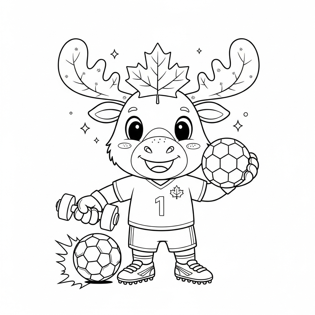 Desenho de Maple mascote Copa 2026 para colorir levantando halteres pequenos em navio pirata