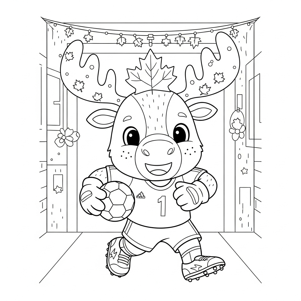 Desenho de Maple mascote Copa 2026 para colorir correndo pega-pega na escola com bandeirinhas