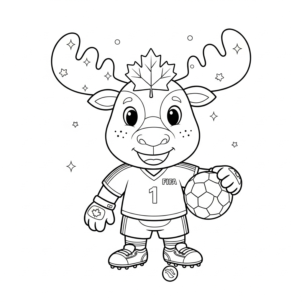 Desenho de maple mascote copa 2026 para colorir jogando bolinhas de gude na sala com TV grande