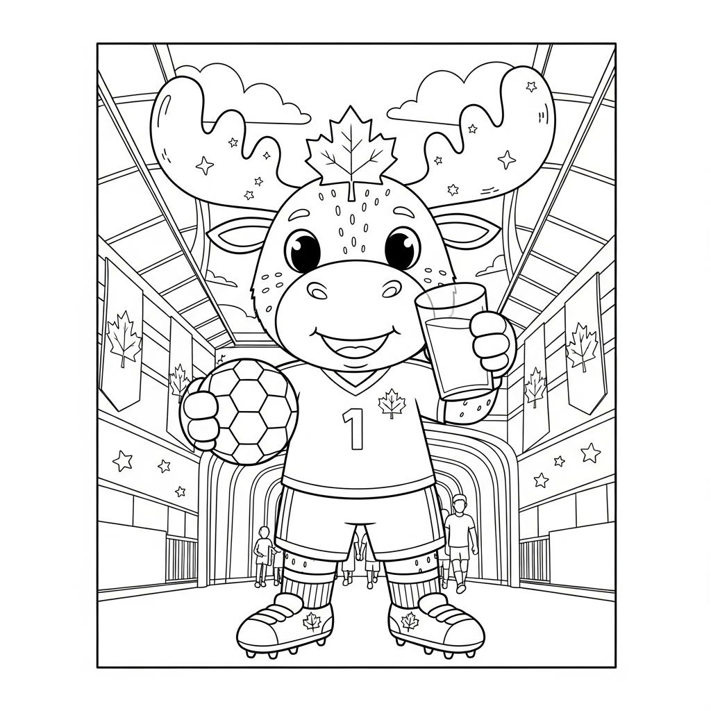 Desenho de maple mascote copa 2026 para colorir bebendo leite em copo grande no túnel
