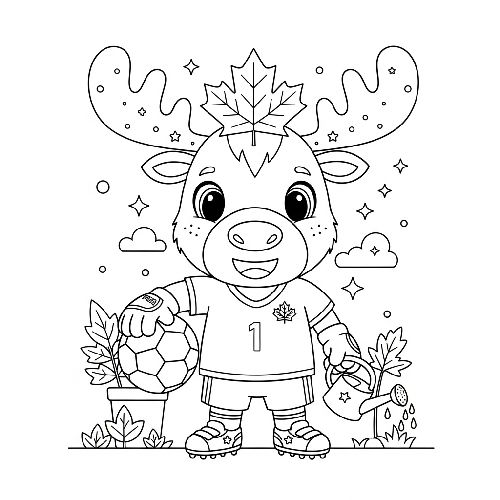 Desenho de Maple mascote Copa 2026 para colorir regando plantas ao amanhecer no campo