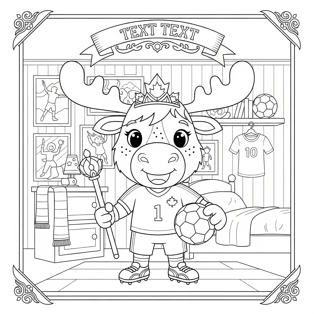 Desenho de Maple mascote Copa 2026 para colorir vestida de princesa no quarto com pôsteres futebolísticos.