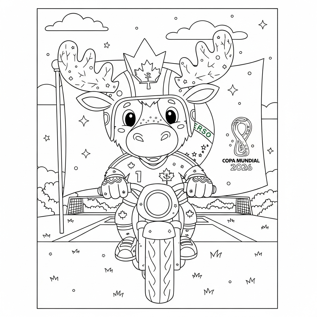 Desenho de Maple mascote Copa 2026 para colorir pilotando moto no campo.