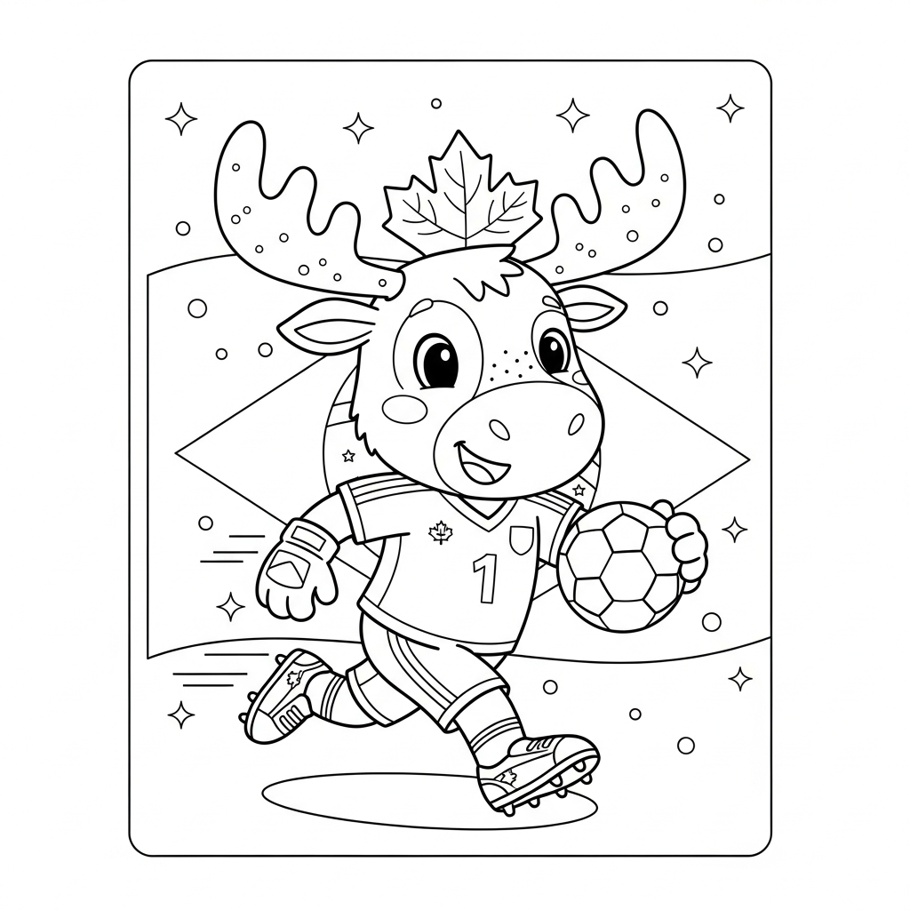 Desenho de Maple mascote Copa 2026 para colorir correndo com bola no vestiário