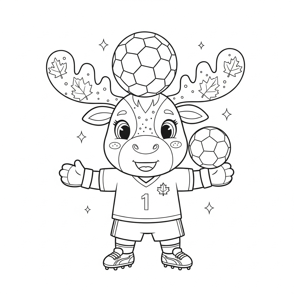 Desenho de maple mascote copa 2026 para colorir equilibrando bola na cabeça no círculo central
