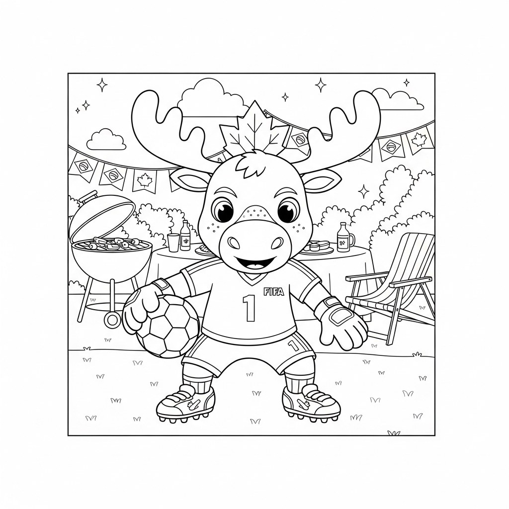 Desenho de maple mascote copa 2026 para colorir marcando adversário em churrasco brasileiro no quintal.