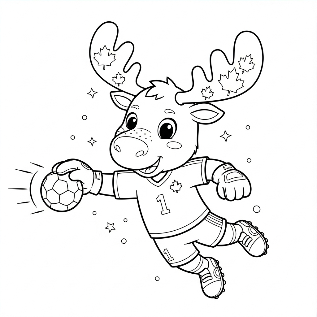 Desenho de Maple mascote Copa 2026 para colorir socando a bola na escola decorada.