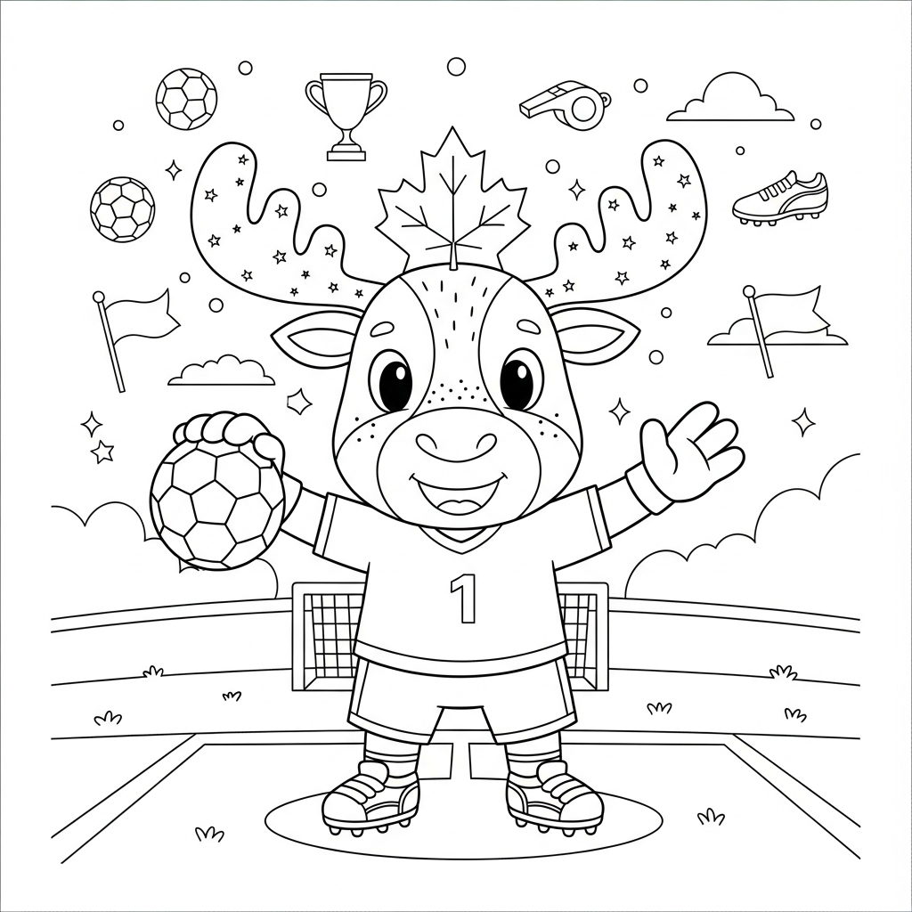 Desenho de Maple mascote Copa 2026 para colorir repondo bola no campo com gols