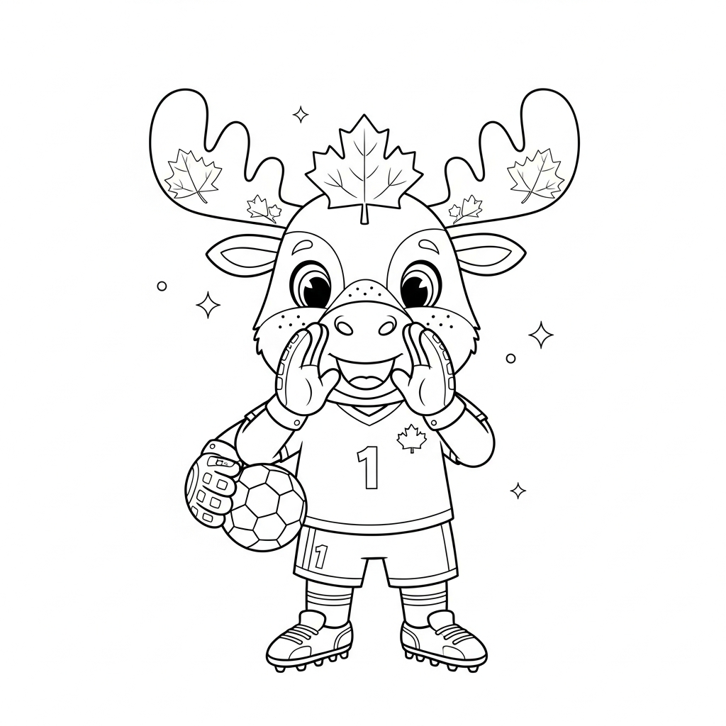 Desenho de Maple mascote Copa 2026 para colorir gritando ordens à defesa no campo.