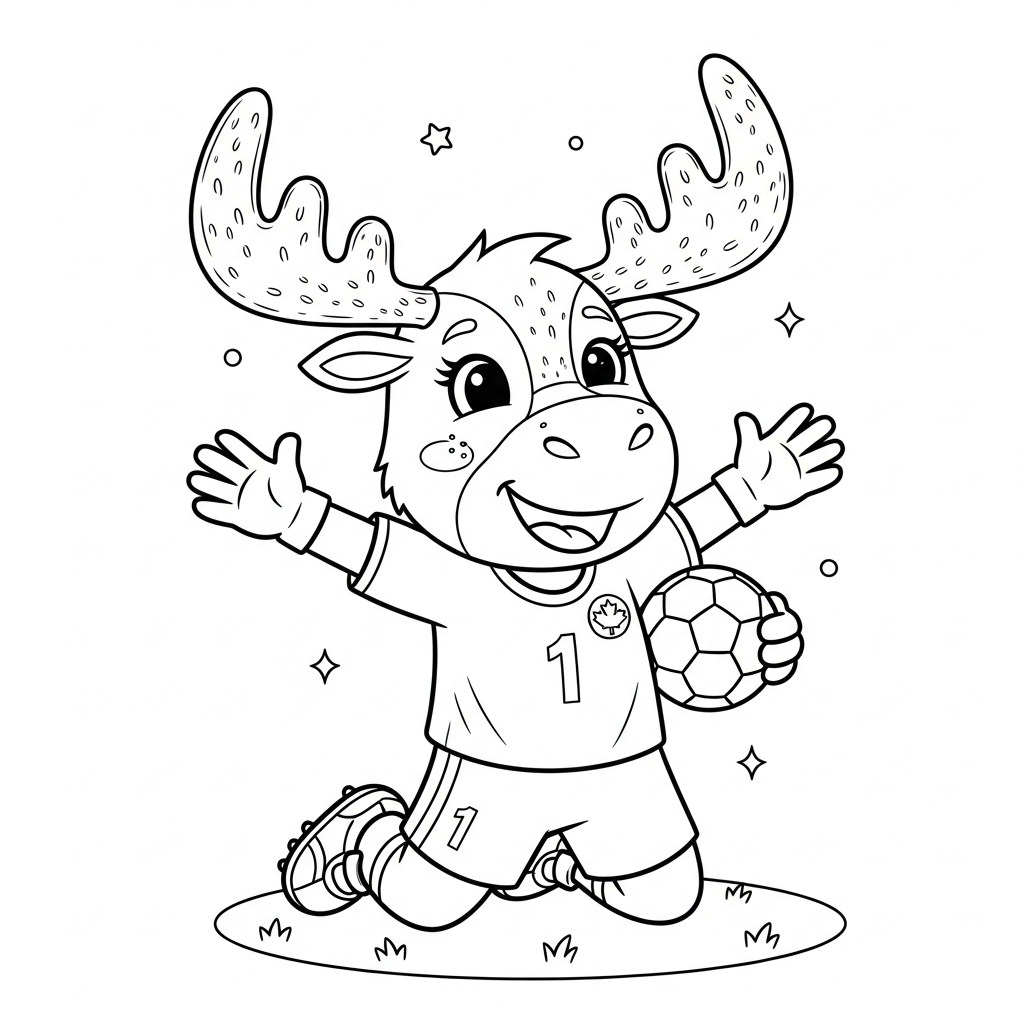 Desenho de maple mascote copa 2026 para colorir ajoelhado de braços abertos no vestiário com armários