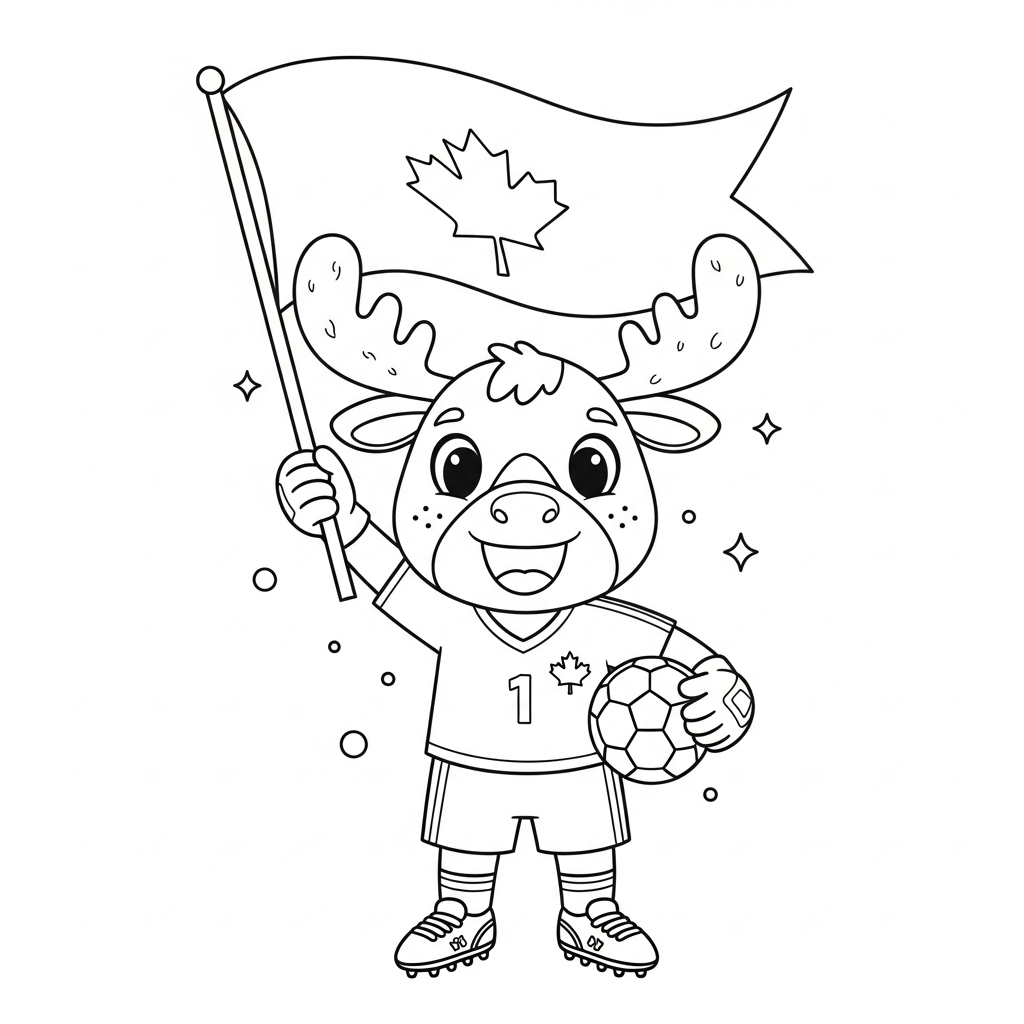 Desenho de maple mascote copa 2026 para colorir torcendo com bandeira hasteada no churrasco brasileiro