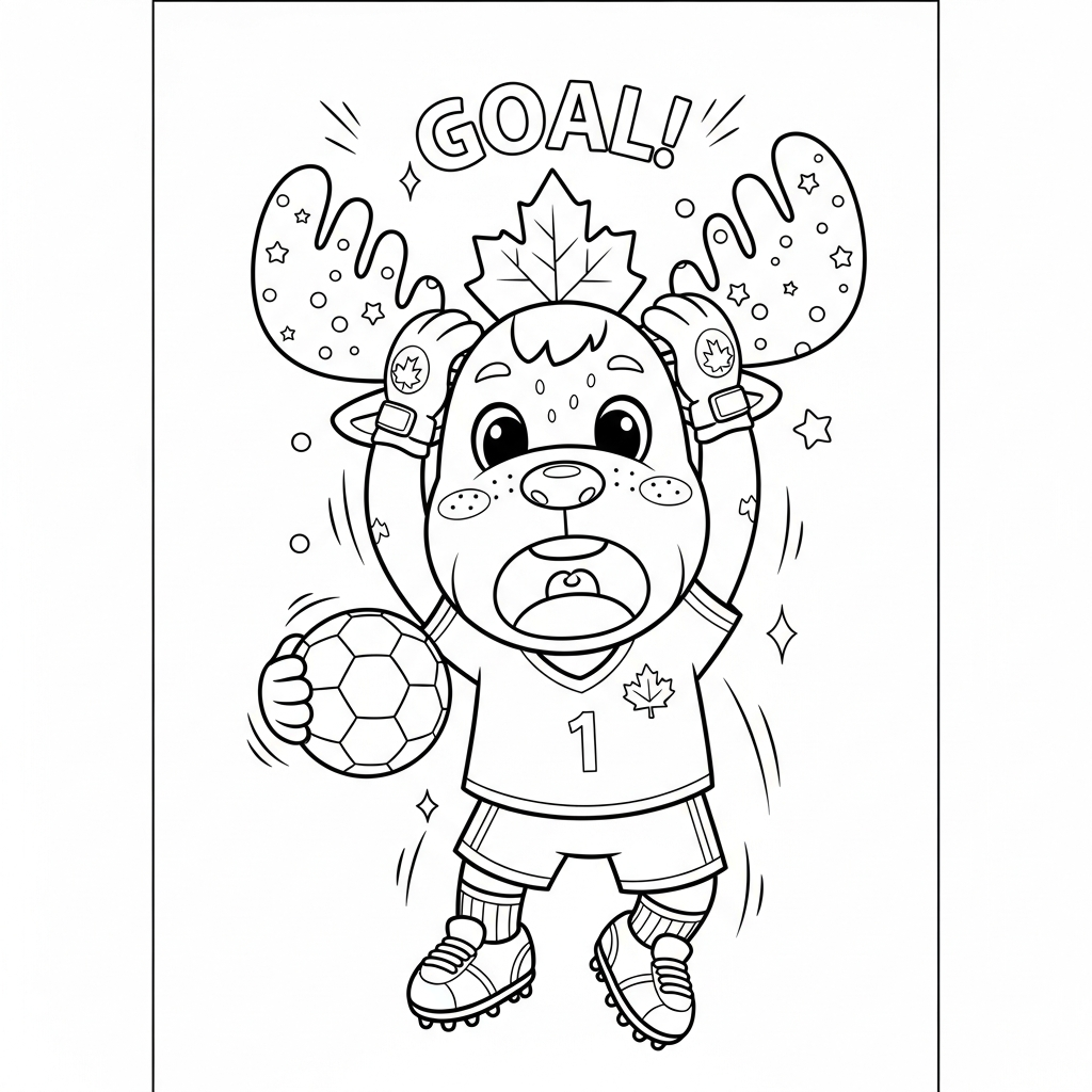 Desenho de Maple mascote Copa 2026 para colorir gritando gol no pódio com banner