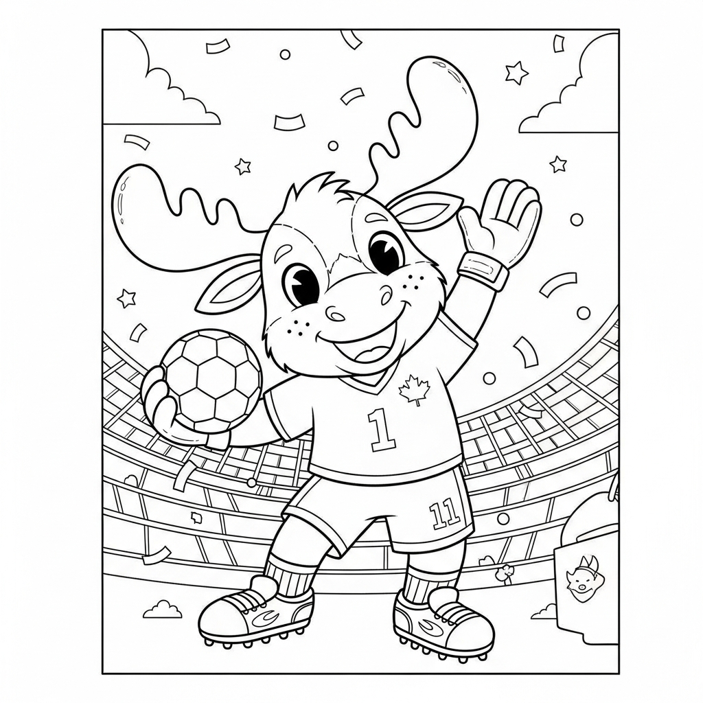 Desenho de Maple mascote Copa 2026 para colorir dançando na floresta com cogumelos