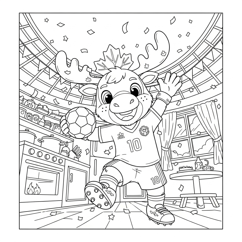 Desenho de maple mascote copa 2026 para colorir dançando na cozinha com forno e panelas.