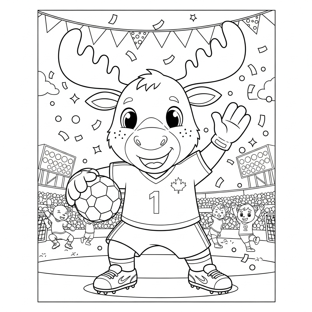 Desenho de maple mascote copa 2026 para colorir dançando ao comemorar título no banco de reservas coberto