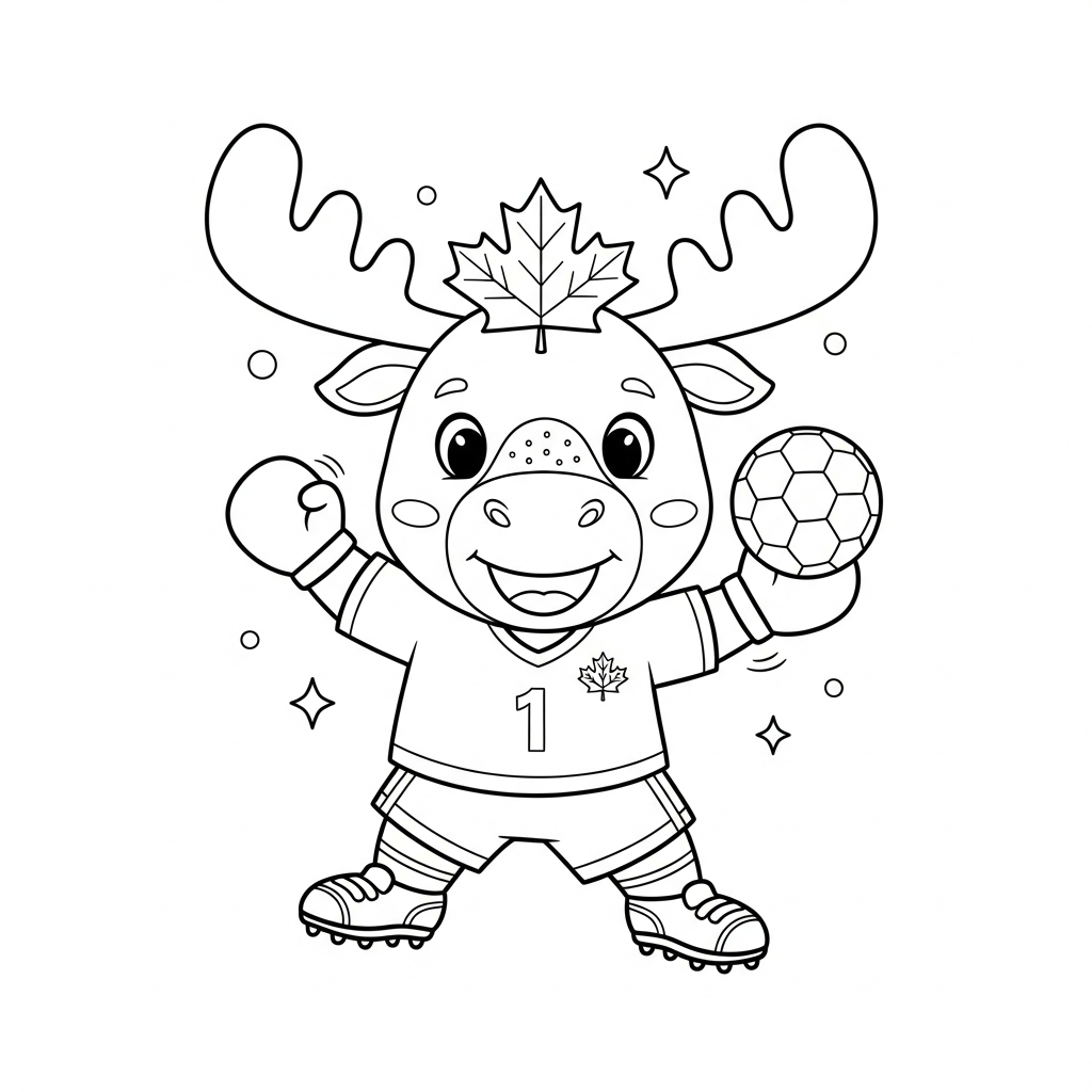 Desenho de Maple mascote Copa 2026 para colorir fazendo polichinelo em campo gramado vazio.
