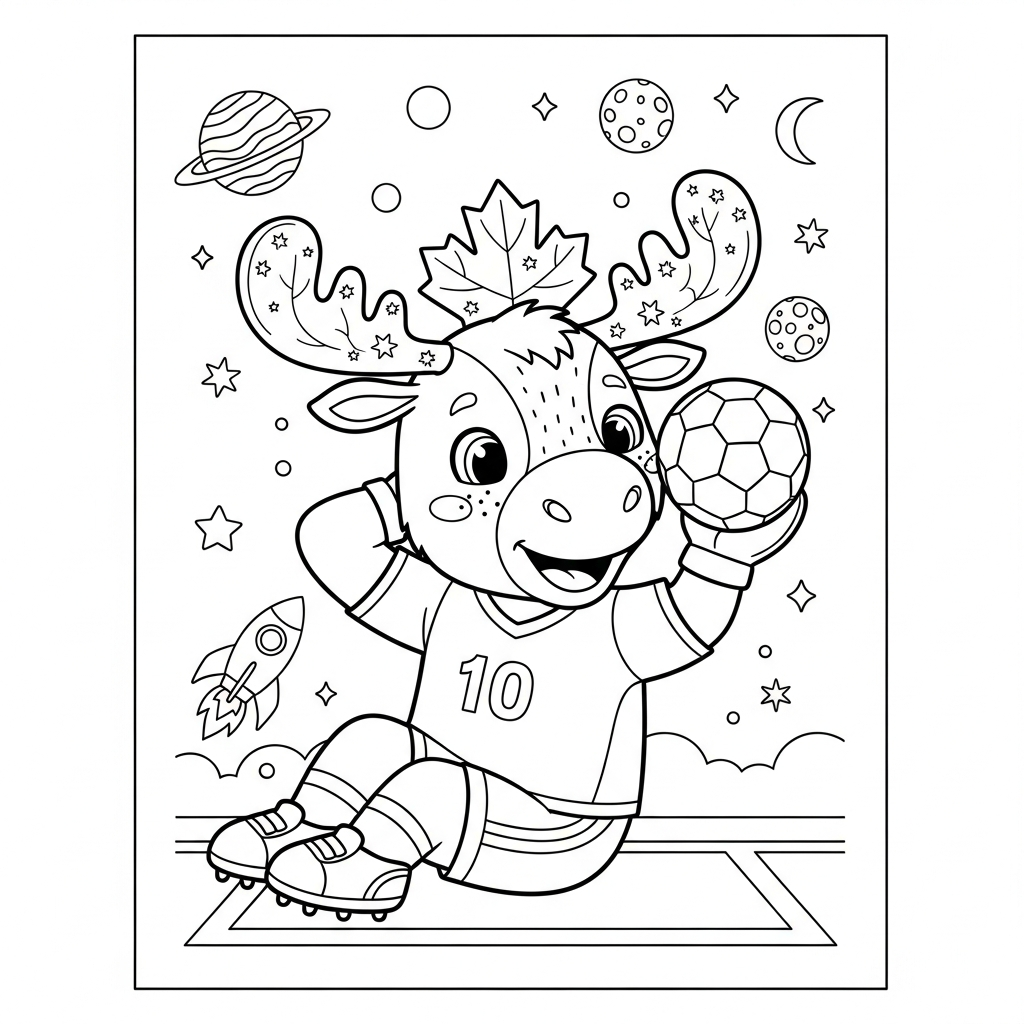 Desenho de maple mascote copa 2026 para colorir fazendo abdominais com planetas e foguete