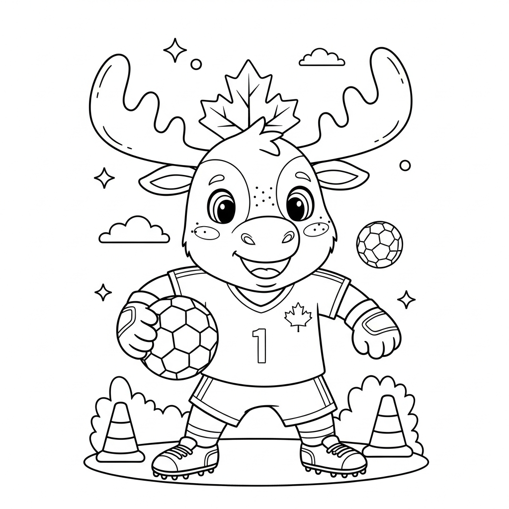 Desenho de Maple mascote Copa 2026 para colorir correndo em zigue-zague entre cones diante do gol