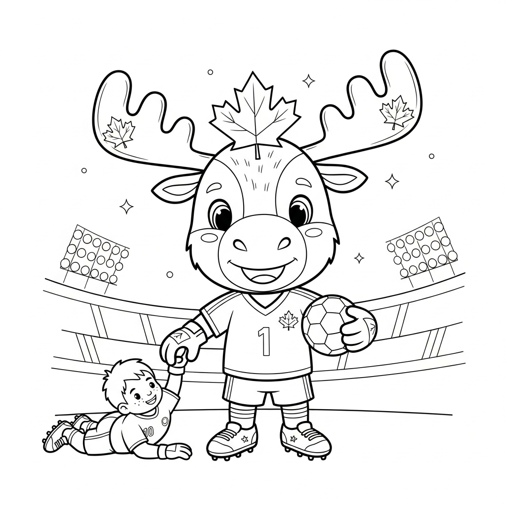 Desenho de maple mascote copa 2026 para colorir ajudando adversário no churrasco brasileiro