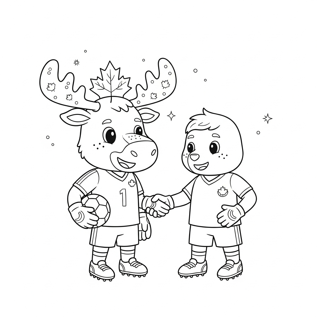 Desenho de maple mascote copa 2026 para colorir cumprimentando antes do jogo no banco de reservas com telhado