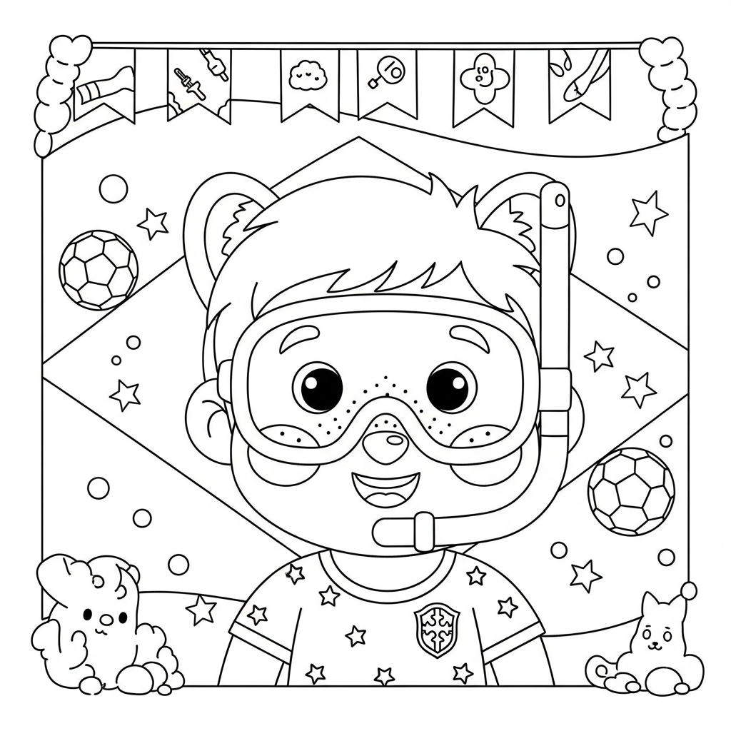 Desenho de selecao brasileira para colorir mergulhando com snorkel entre bolas de futebol e estrelas