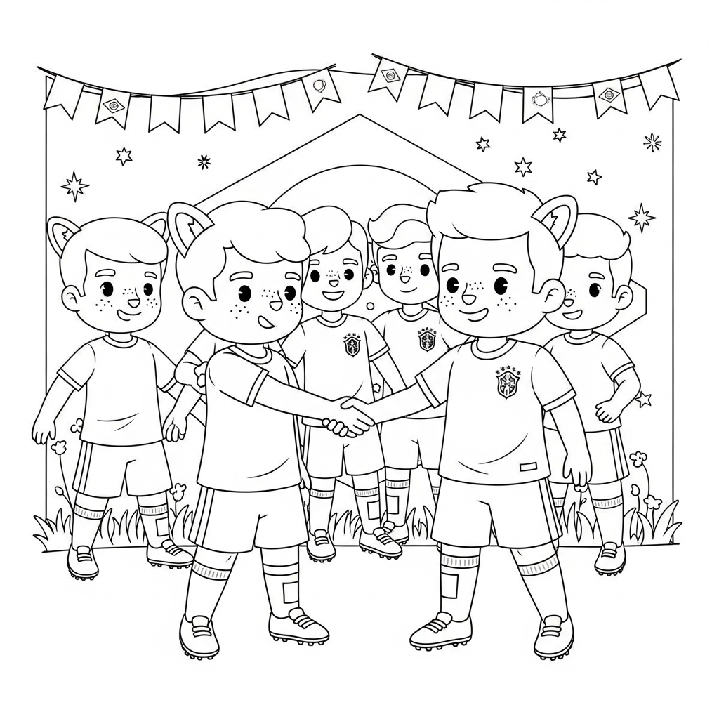 Desenho de seleção brasileira para colorir cumprimentando com aperto de mãos