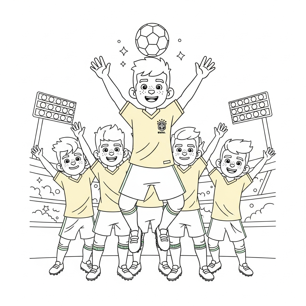 Desenho de seleção brasileira para colorir cabeceando pulando entre bolas e estrelas decorativas.
