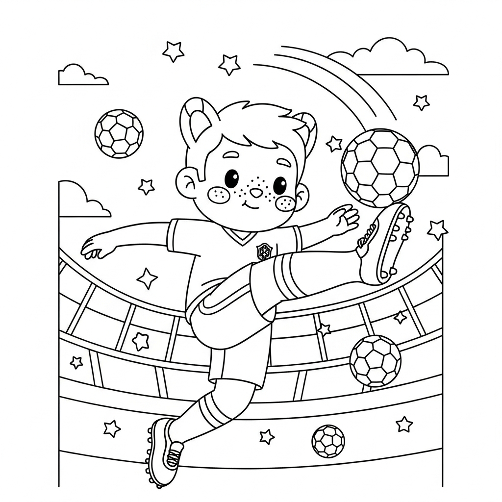 Desenho de seleção brasileira para colorir dando passe longo de trivela com bolas e estrelas