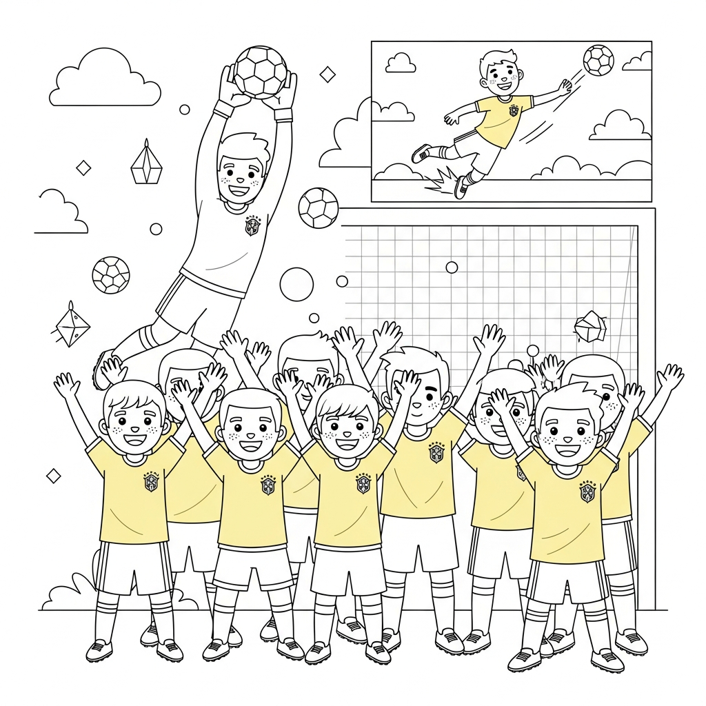 Desenho de seleção-brasileira para colorir defendendo bola alta no canto superior com apito pequeno