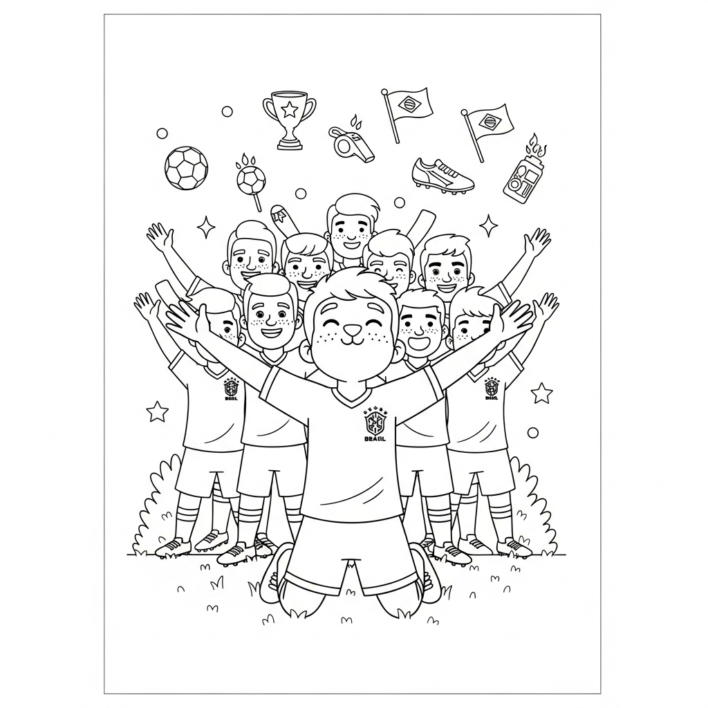 Desenho de seleção brasileira para colorir ajoelhado de braços abertos com estrelinhas e corações