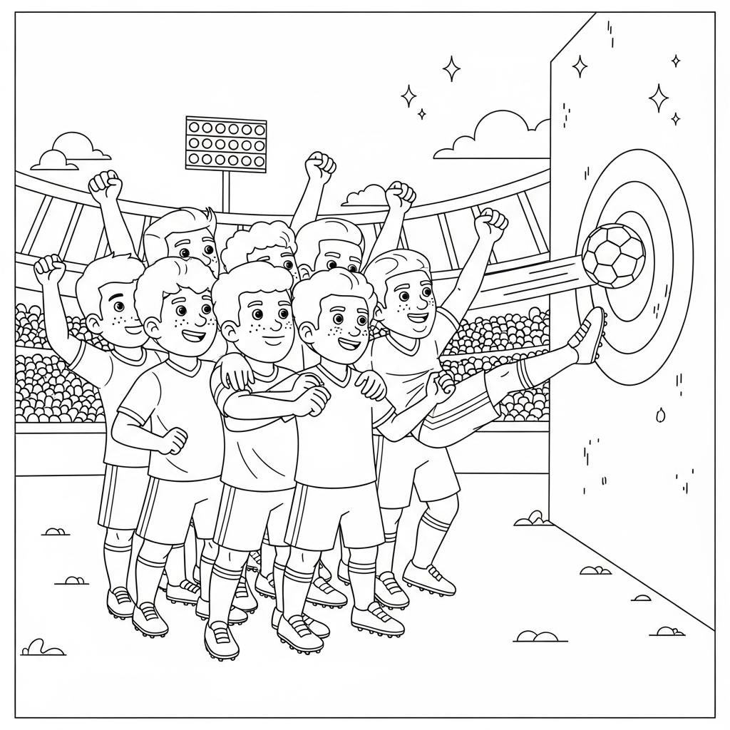 Desenho de selecao brasileira para colorir chutando contra alvo na parede com troféu e medalha