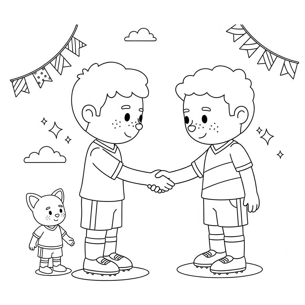 Desenho de selecao brasileira para colorir cumprimentando antes do jogo com bandeirinhas flutuando