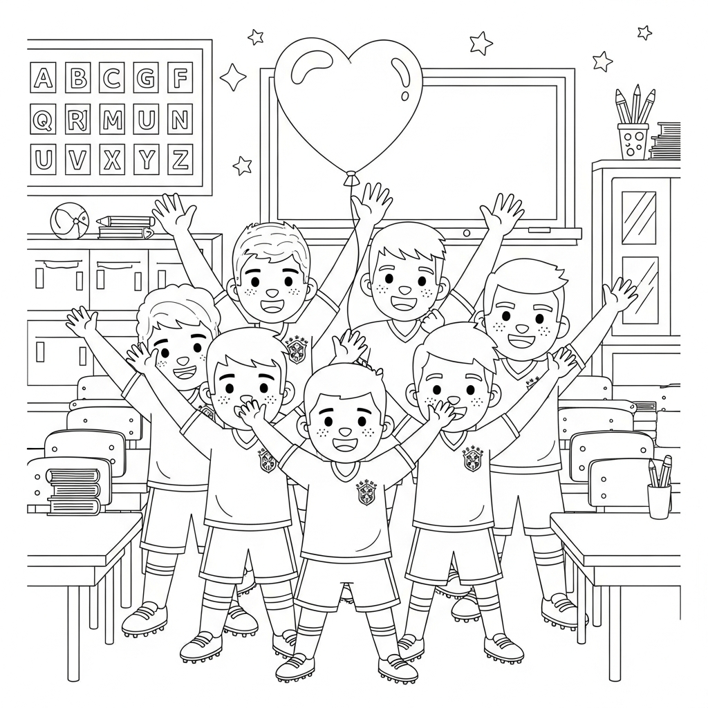 Desenho de selecao brasileira para colorir segurando balão de coração em sala de aula com lousa
