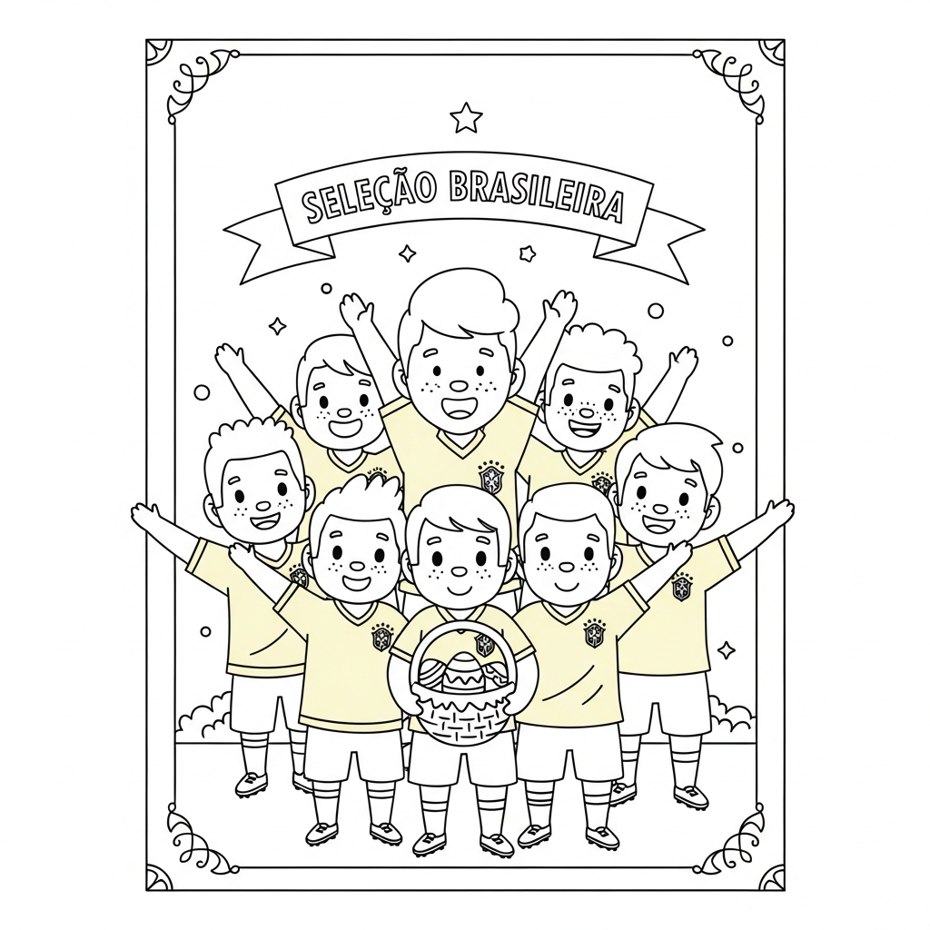 Desenho de selecao brasileira para colorir segurando cesta de Páscoa em quarto infantil com pôsteres futebolísticos.