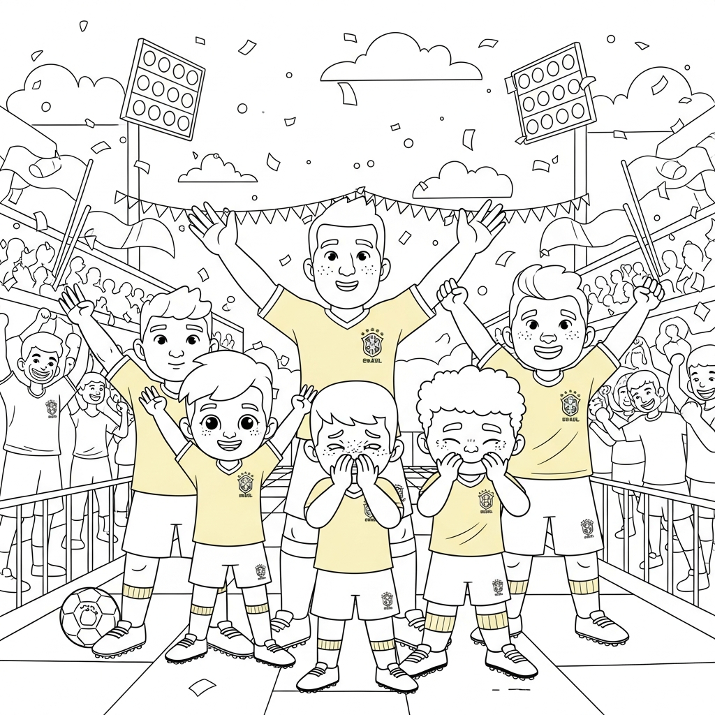 Desenho de selecao brasileira para colorir envergonhado escondendo o rosto em avenida com torcida