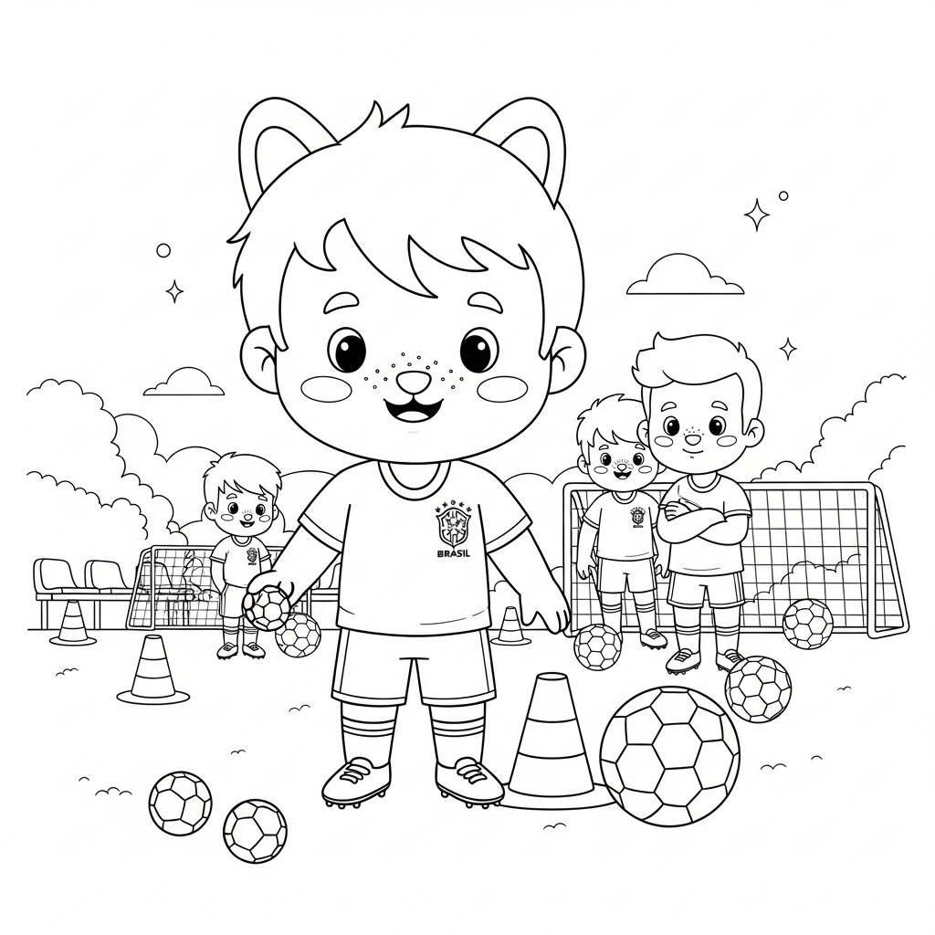 Desenho de selecao brasileira para colorir jogando bolinhas de gude em campo gramado vazio.