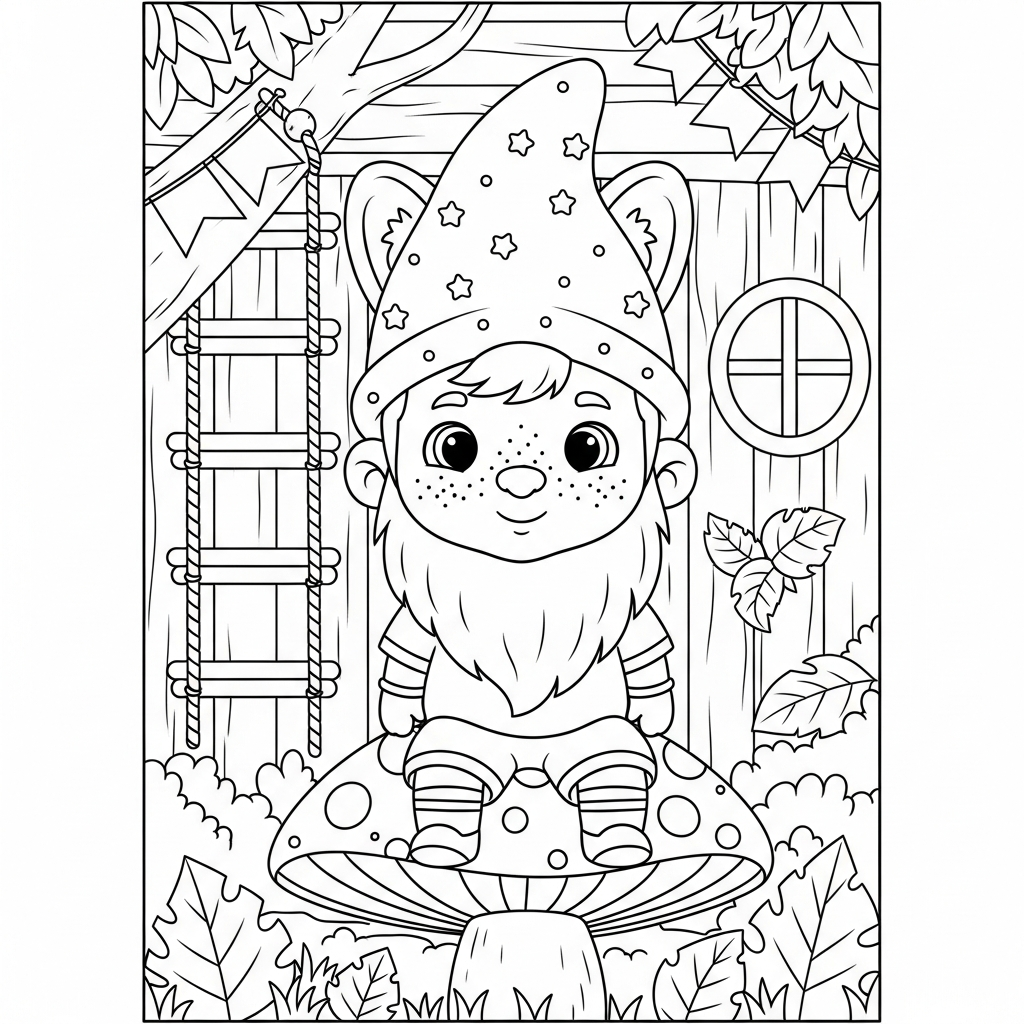 Desenho de selecao brasileira para colorir vestido de duende sentado em cogumelo na casa na árvore